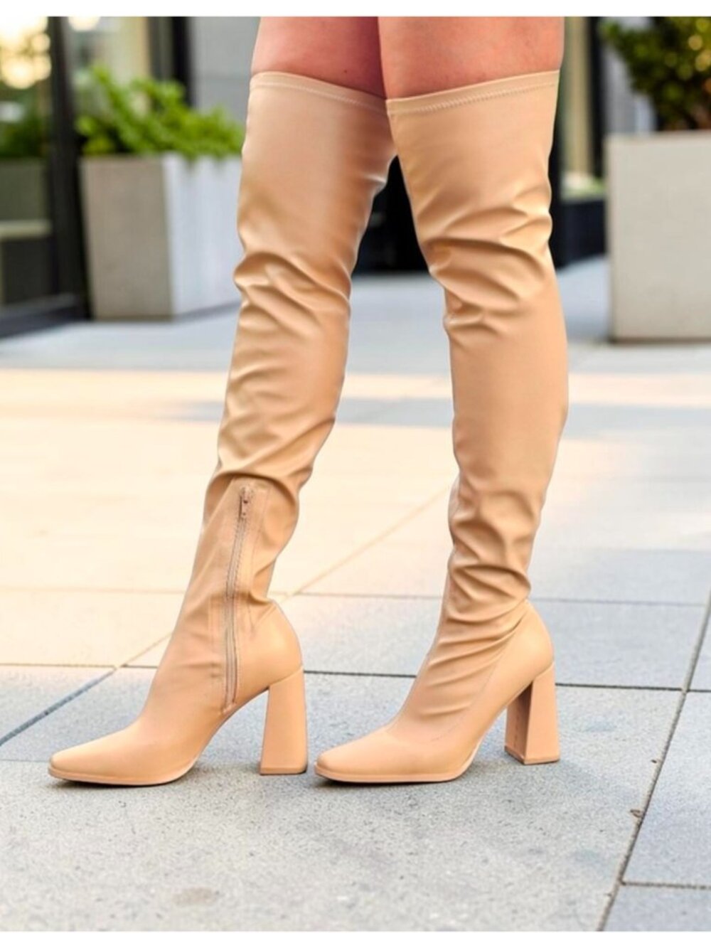 Over-The-Knee Block Heel Boots In Nude With Side Zipper Closure And Soft Faux Le